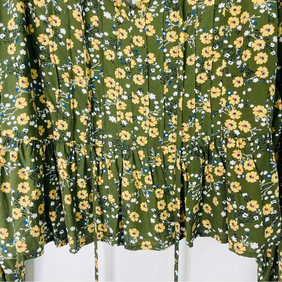 Easel green yellow white boho pleated babydoll cottagecore top medium - Picture 3 of 8